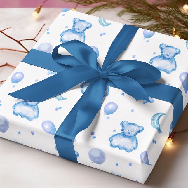 Papier Cadeau Aquarelle Bleu Cute Bébé Garçon Ours Motif (Créateur téléchargé)