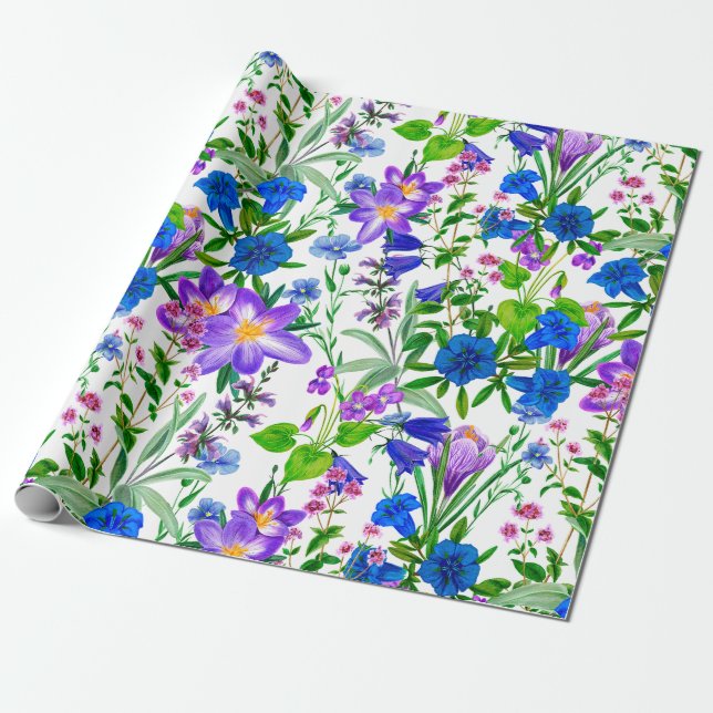 Papier Cadeau Aquarelle bleu et violet Fleurs du jardin (Déroulé)