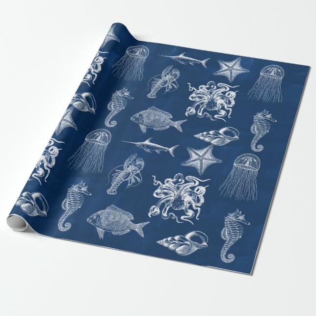 Papier Cadeau Aquarelle bleu marine Océan Animaux marins (Déroulé)