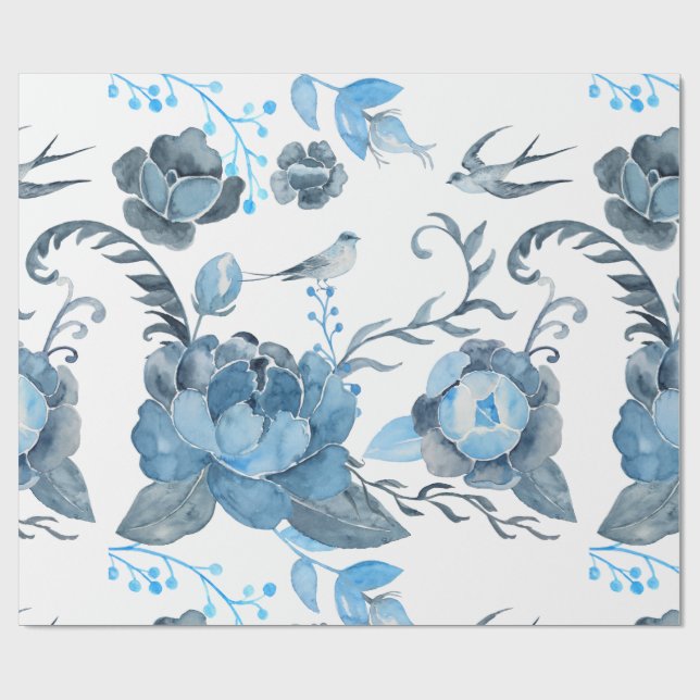 Papier Cadeau Aquarelle Bleu pivoine et hirondelles Papier à env (Plat)