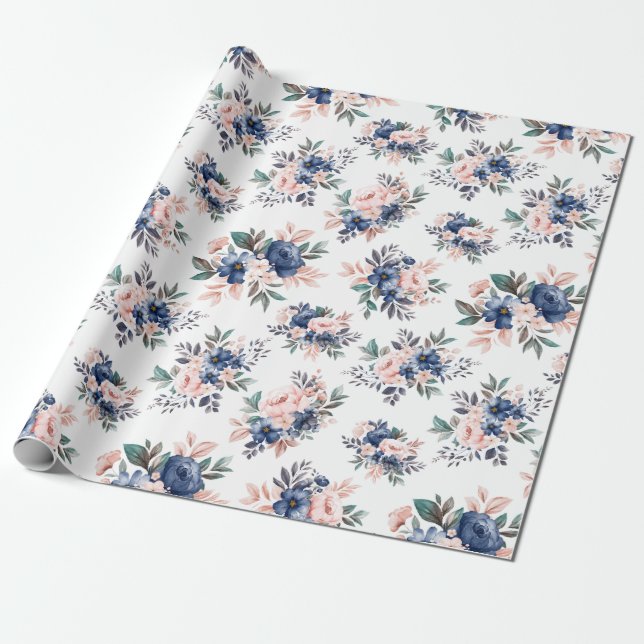 Papier Cadeau Aquarelle bleu rose et marine Floral (Déroulé)