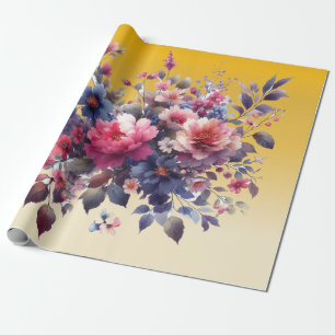 Papier Cadeau Aquarelle bleu rose Fleurs Abstraites Or