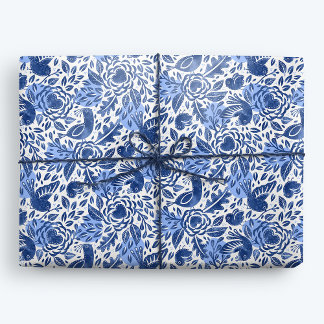 Papier Cadeau Aquarelle bleue et blanche Oiseaux, nids et coeurs