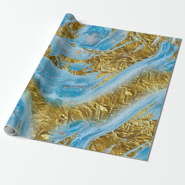 Papier Cadeau Aquarelle bleue Marbre et or Foil (Déroulé)