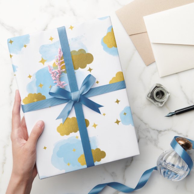 Papier Cadeau Aquarelle bleue Nuages Gold Stars Sky (Cadeaux)