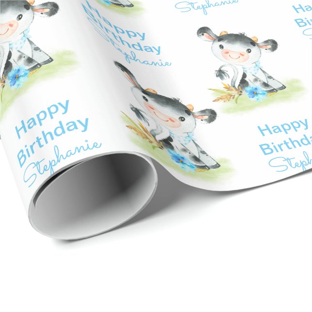 Papier Cadeau Aquarelle bleue Petite vache (Coin rond)