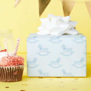 Papier Cadeau Aquarelle bleue Rocse Horse Baby shower garçon