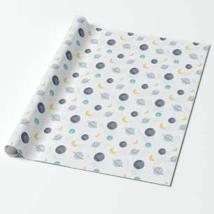 Papier Cadeau Aquarelle Blue Space Planet Motif
