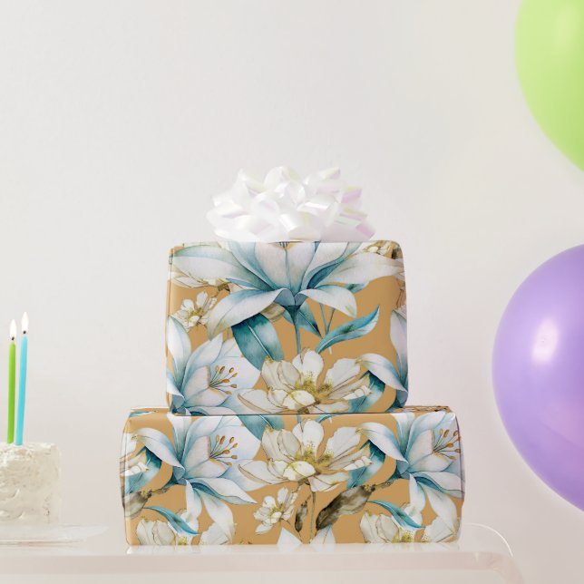 Papier Cadeau Aquarelle botanique bleu blanc lily floral (Cadeaux de fête)