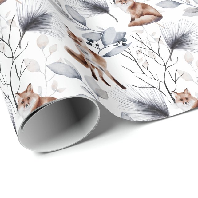 Papier Cadeau Aquarelle botanique de renard d'hiver (Coin rond)