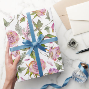 Papier Cadeau Aquarelle Botanique Rose Bohème Rose
