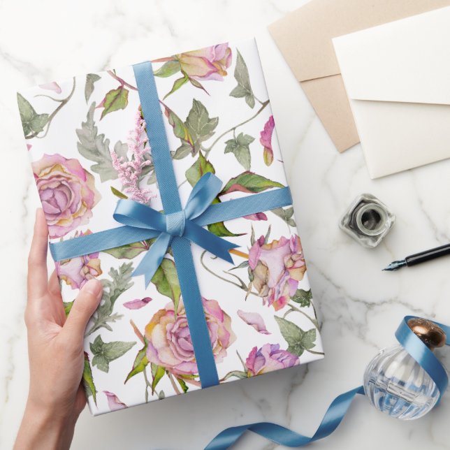 Papier Cadeau Aquarelle Botanique Rose Boho Rose (Cadeaux)