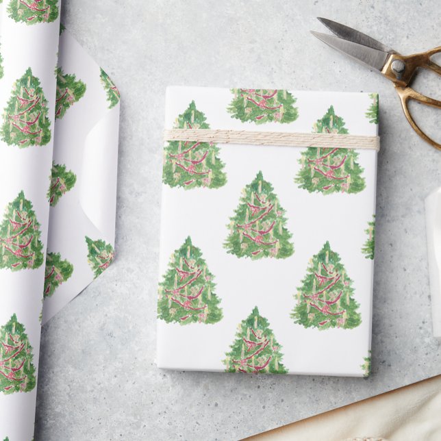 Papier Cadeau Aquarelle Bourgogne Arbre de Noël (Créateur téléchargé)