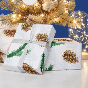 Papier Cadeau Aquarelle Branches de pin et Pinecones Noël