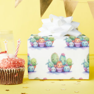 Papier Cadeau Aquarelle cactus en blanc