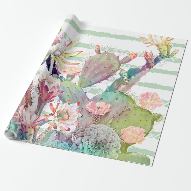 Papier Cadeau Aquarelle Cactus Floral Stripes Design (Déroulé)