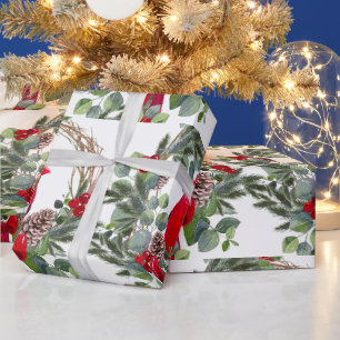 Papier Cadeau Aquarelle Cardinal Holly Berries Art de Noël