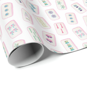 Papier Cadeau Aquarelle Carreaux de Mahjong rose et vert