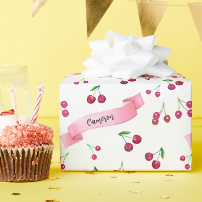 Papier Cadeau Aquarelle Cerises mignonne Whimsical Personnalisé (Fête d'anniversaire)