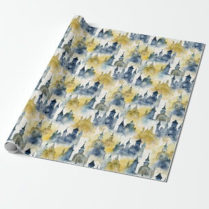 Papier Cadeau Aquarelle Châteaux Papier d'enveloppement - bleu e