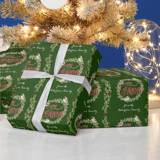 Papier Cadeau Aquarelle Chickadee Birds Joyeux Noël Wreath (Vacances)