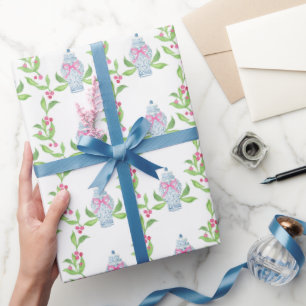 Papier Cadeau Aquarelle Chinoiserie Bleu et rose Ginger Jars