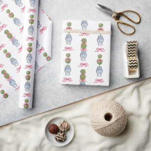 Papier Cadeau Aquarelle Chinoiserie Noël Bow rouge Topio