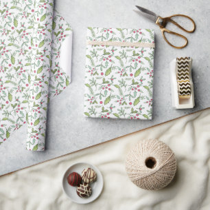 Papier Cadeau Aquarelle Chinoiserie Noël Rouge Bow Mistletoe