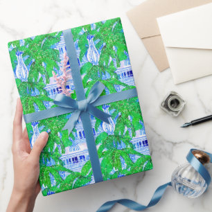 Papier Cadeau Aquarelle Chinoiserie Pagode Bleue