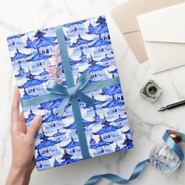 Papier Cadeau Aquarelle Chinoiserie Pagode Bleue (Cadeaux)