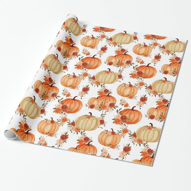 Papier Cadeau Aquarelle Citrouille Orange Floral Roses (Déroulé)