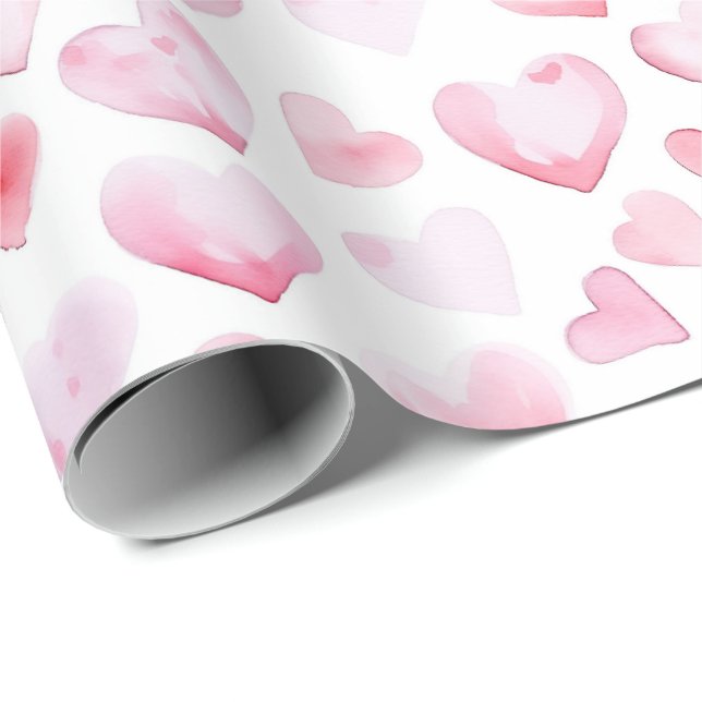 Papier Cadeau Aquarelle Coeurs roses Saint-Valentin (Coin rond)