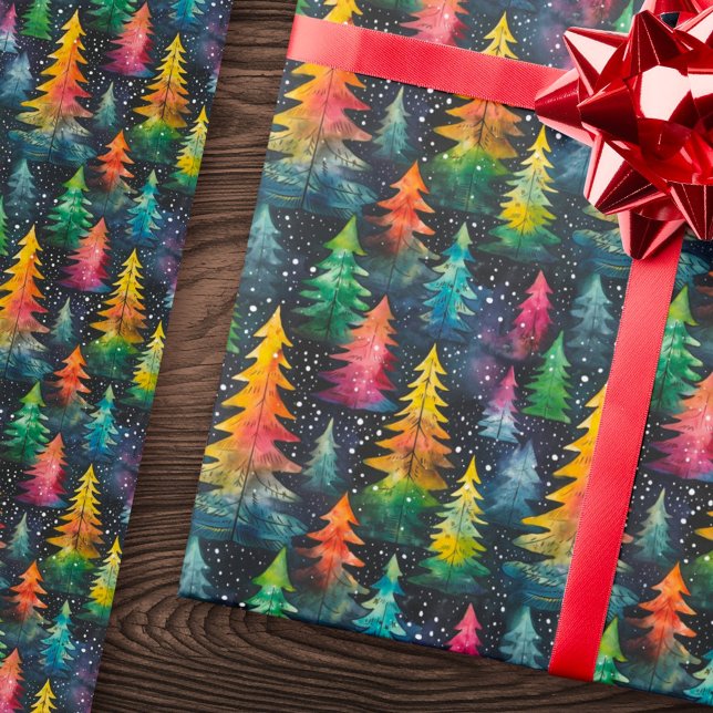Papier Cadeau Aquarelle colorée arbres de Noël (Colorful watercolor Christmas trees Wrapping Paper)
