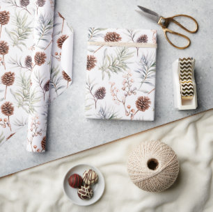 Papier Cadeau Aquarelle cônes et branches de pin avec baies