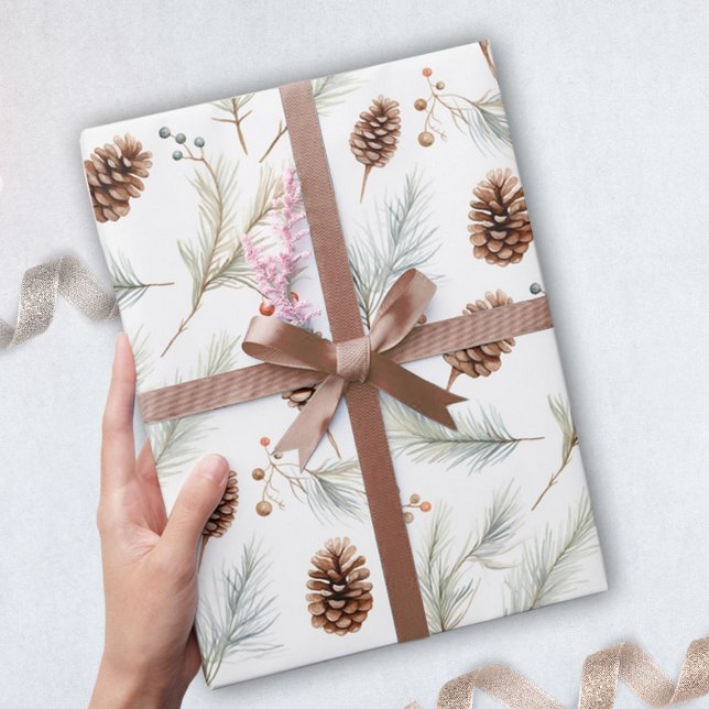 Papier Cadeau Aquarelle cônes et branches de pin avec baies (pine cone gift wrapping paper for christmas)