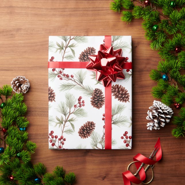 Papier Cadeau Aquarelle cônes et branches de pin avec baies (Cadeau de vacances)