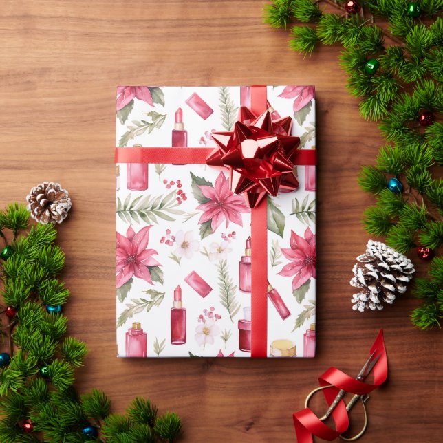 Papier Cadeau Aquarelle cosmétique rouge à lèvres floraux de Noë (Cadeau de vacances)
