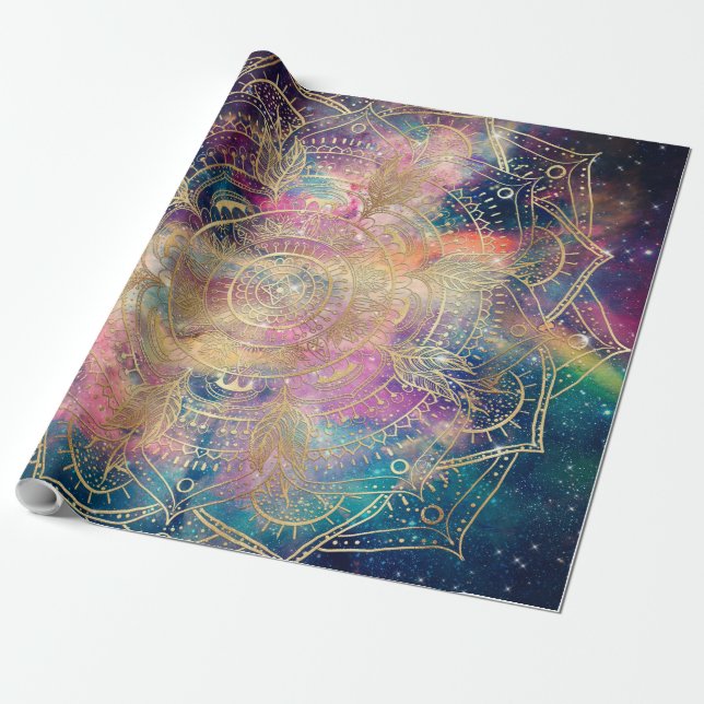Papier Cadeau Aquarelle couleur Mandala or élégant Nebula (Déroulé)