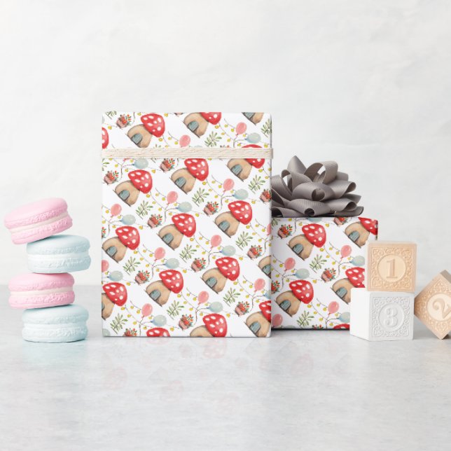 Papier Cadeau Aquarelle Couleur mignonne Champignons rouges Illu (Baby Shower)