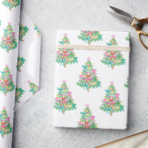 Papier Cadeau Aquarelle Couleurs vives Coquette Arbre de Noël