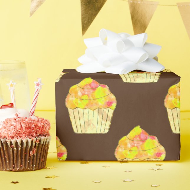 Papier Cadeau Aquarelle Cupcake peinture sur Brown (Fête d'anniversaire)