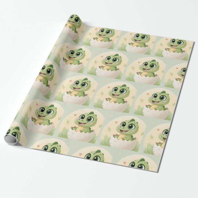Papier Cadeau Aquarelle Cute Dinosaur Baby shower Garçon de verd (Déroulé)