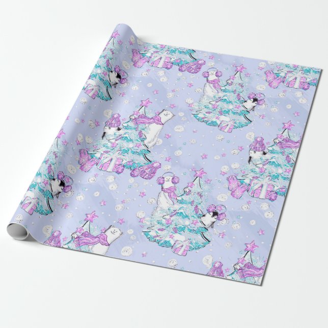 Papier Cadeau Aquarelle Cute Ours Polaire et Pingouin Noël (Déroulé)