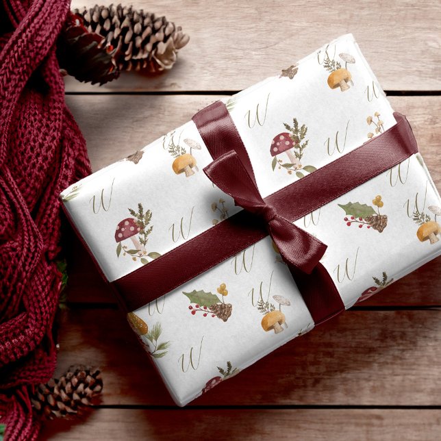 Papier Cadeau Aquarelle de bois Monogramme de champignon (Woodland Watercolor Woodsy Mushroom Monogram Wrapping Paper)
