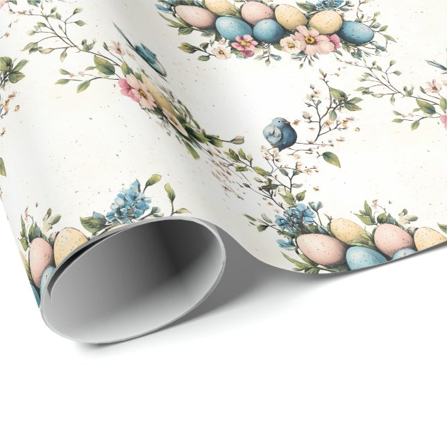 Papier Cadeau Aquarelle de charme Oiseaux de Pâques et printemps (Coin rond)
