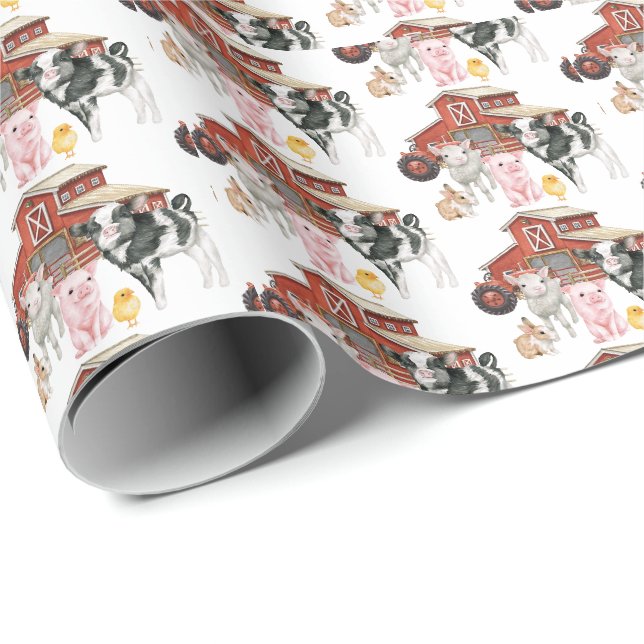 Papier Cadeau Aquarelle de ferme Vache porc grange mignonne anim (Coin rond)
