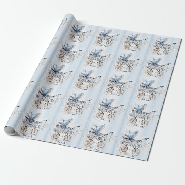 Papier Cadeau Aquarelle de fête Cute classique poussette de bébé (Déroulé)
