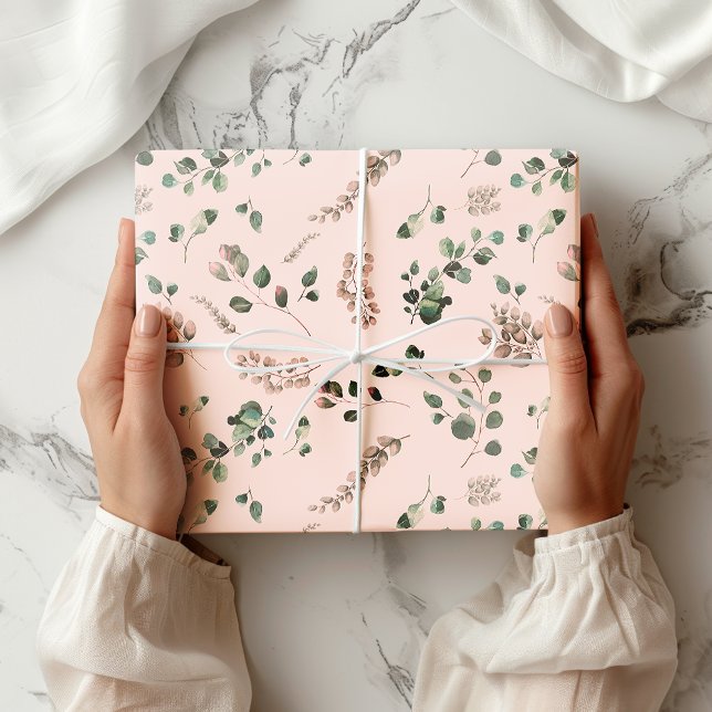 Papier Cadeau Aquarelle de fille Pastel rose et vert Eucalyptus (Créateur téléchargé)