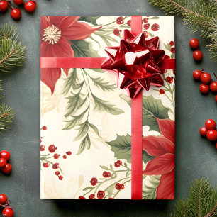 Papier Cadeau Aquarelle de fleurs Poinsettia Vintage   Noël