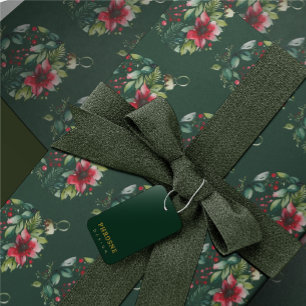 Papier Cadeau Aquarelle de Noël Arbre vert Poinsettia Bobble